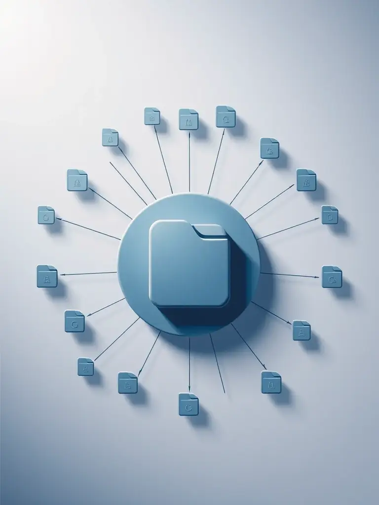 A graphic depicting version control with multiple file versions branching out from a central point, symbolizing efficient data management.