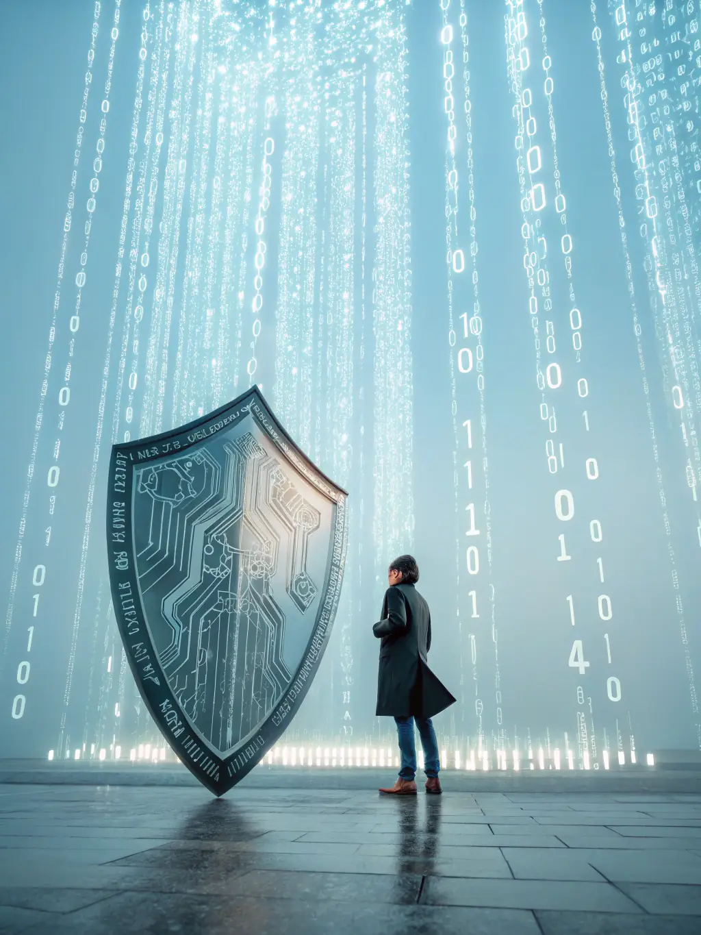 An image of a digital shield protecting data flowing through network cables, representing comprehensive data security.