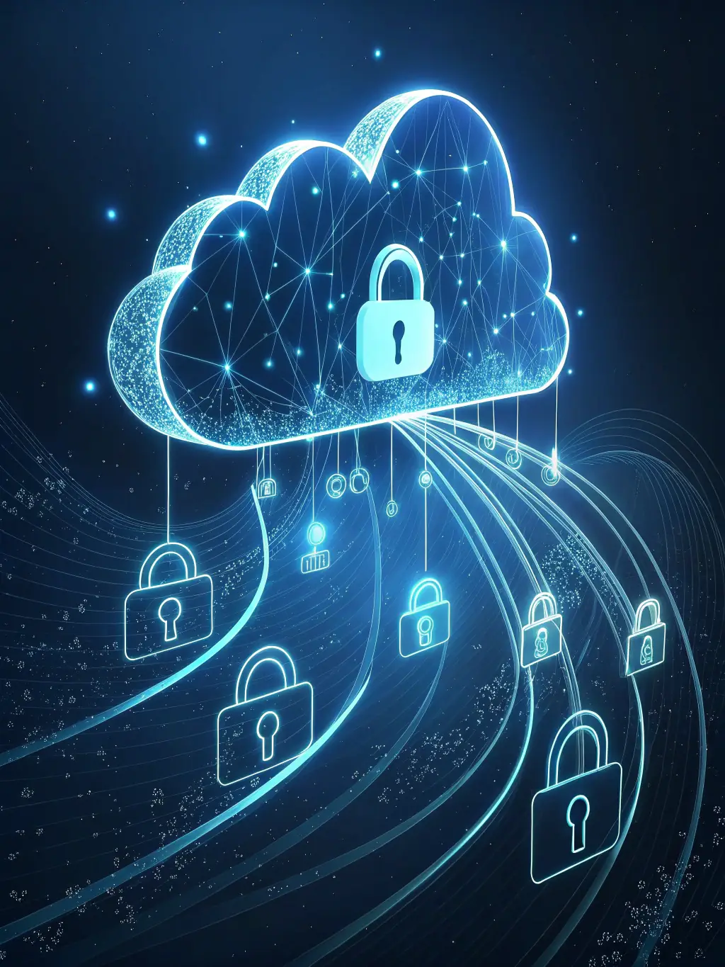 An illustration of data flowing securely into a cloud storage icon, representing automated backup processes. The color scheme is professional and trustworthy.