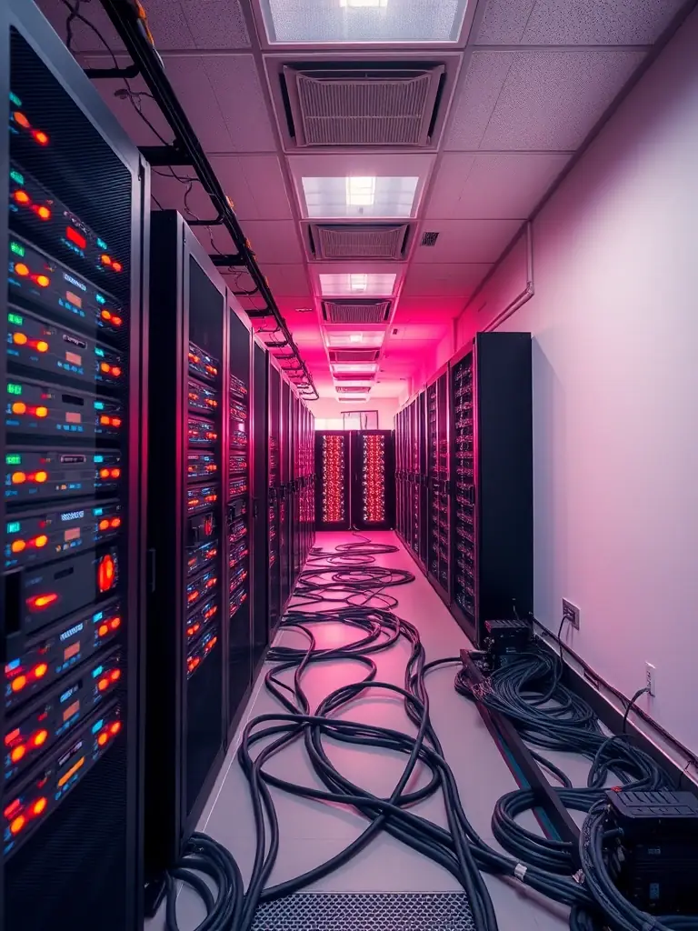 An image of a server room with glowing lights and a network cable plugged into a server, representing secure on-premises backup solutions.